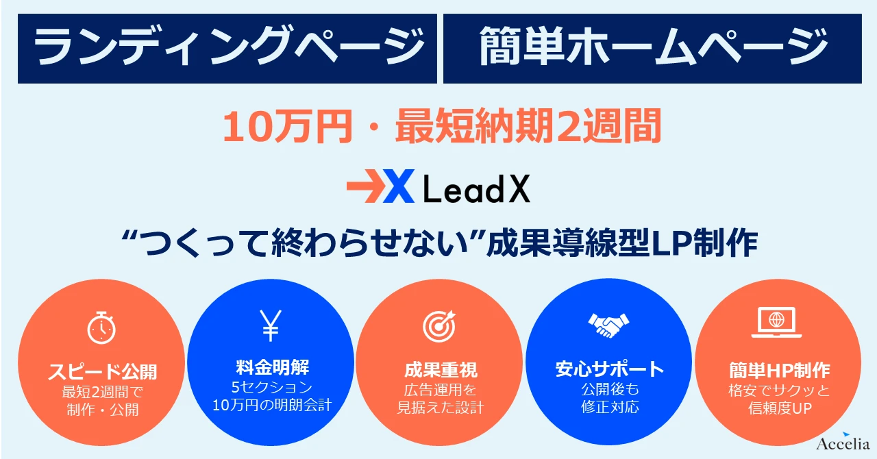LP制作からHubSpot連携・運用支援までを包括した新ブランド「OnePageX」を発表〜第一弾は【最短10営業日・初期費用10万円】の高速導入型サービス『LeadX』〜  （2025年10月2日）- アクセリア株式会社