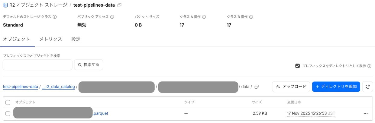 R2バケット内parquetファイル確認画面